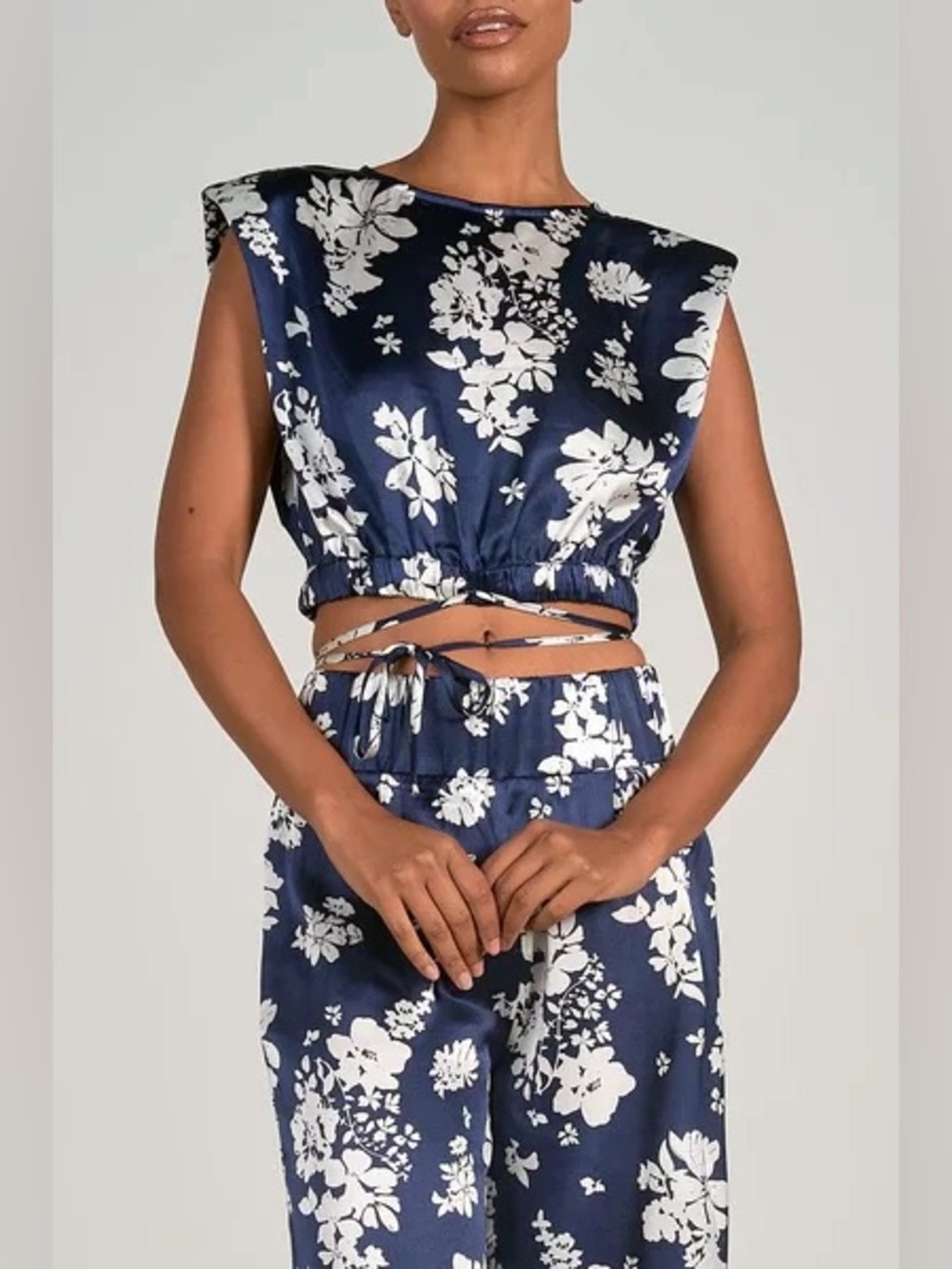 Elan Navy & White Floral Satin Crop Top with Wrap Tie pant set